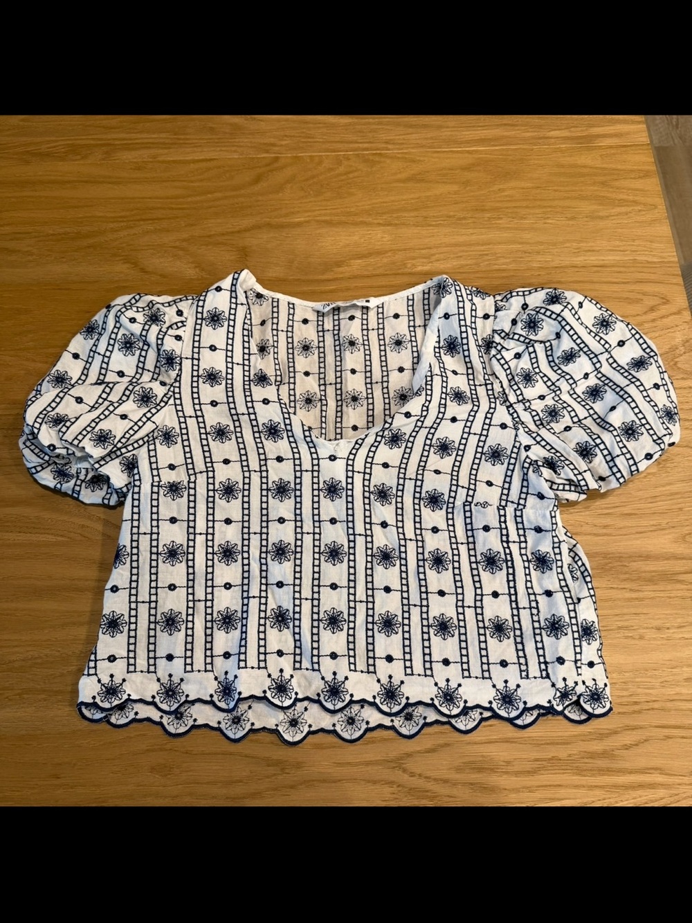 ZARA White Top with Navy Embroidered Floral pattern